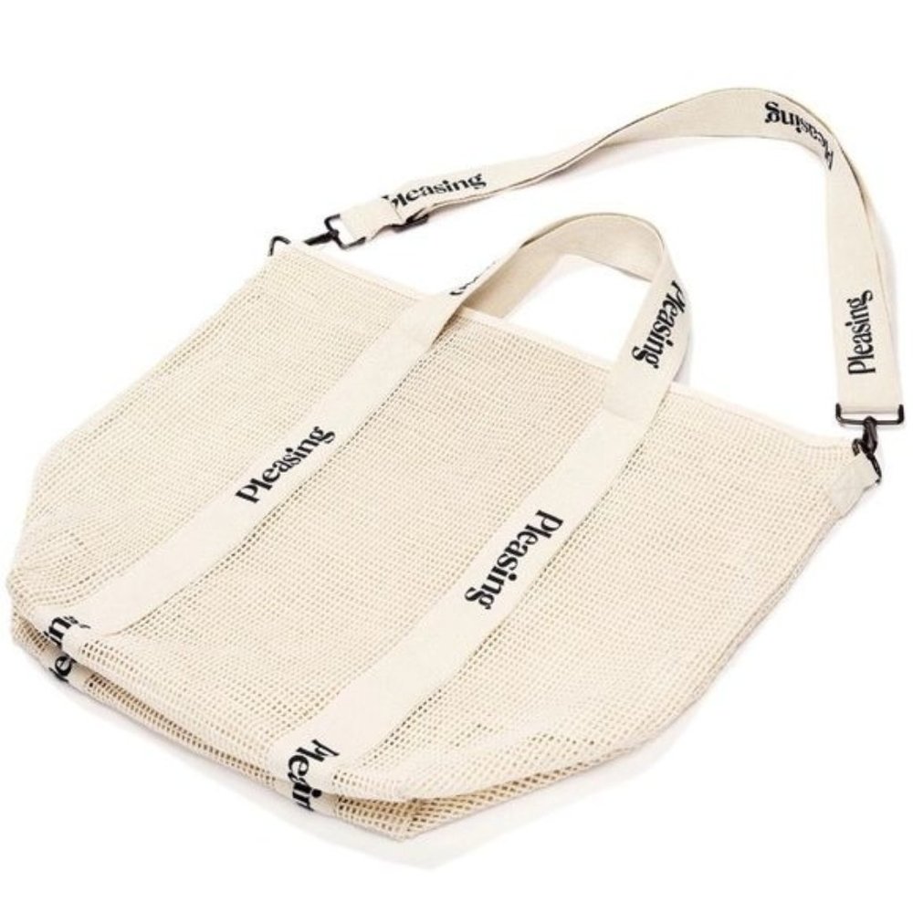 Pleasings Cream Mesh Tote Bag with Branded Straps